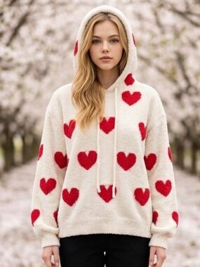 Forever 21 Cream Hoodie with Red Heart Pattern